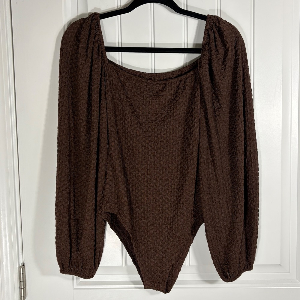 SHEIN Brown Popcorn Textured Square Neck Puff Sleeve Bodysuit Size M 6